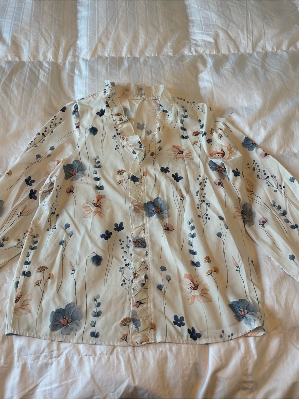 SHEIN Cream Floral Ruffle Button-Front Blouse with Blue and Peach Accents